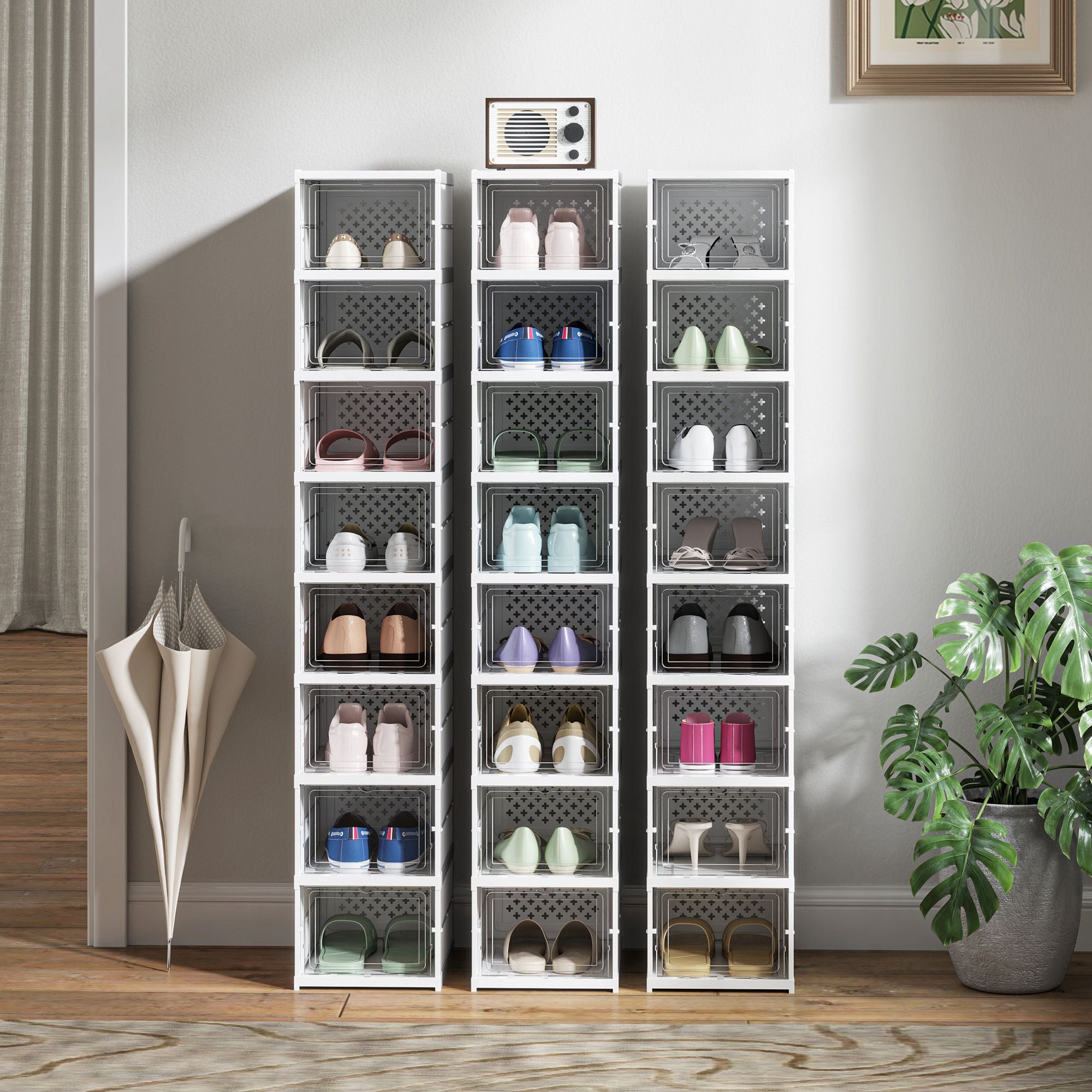 Eight Stackable Shoe Boxes with Clear Drop-Front Doors