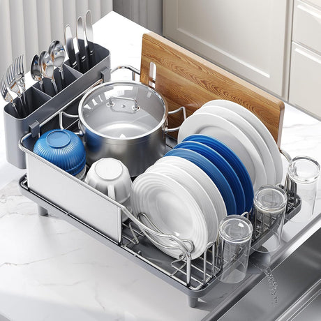 Large Capacity Stainless Steel Dish Drying Rack with Drain Board and Utensil Holder