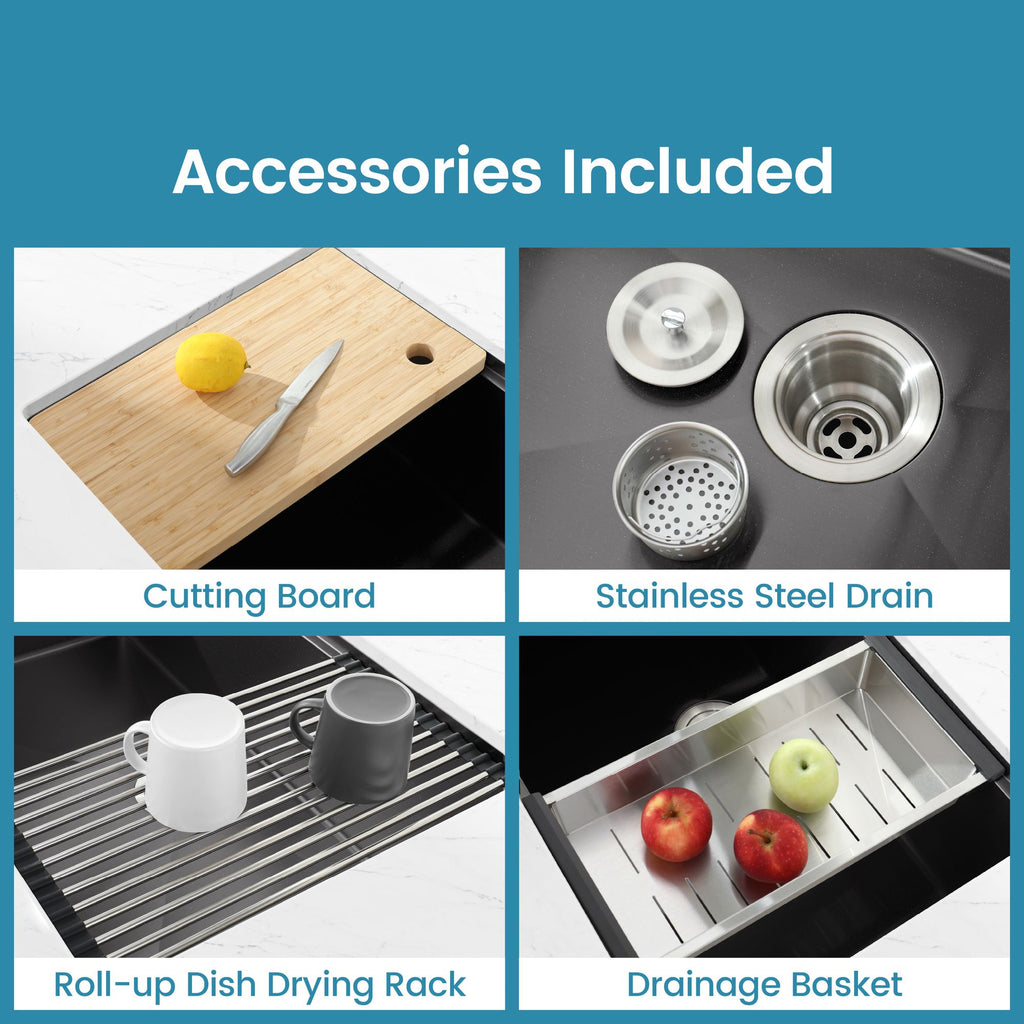 Black Undermount Sink with Integrated Prep Accessories