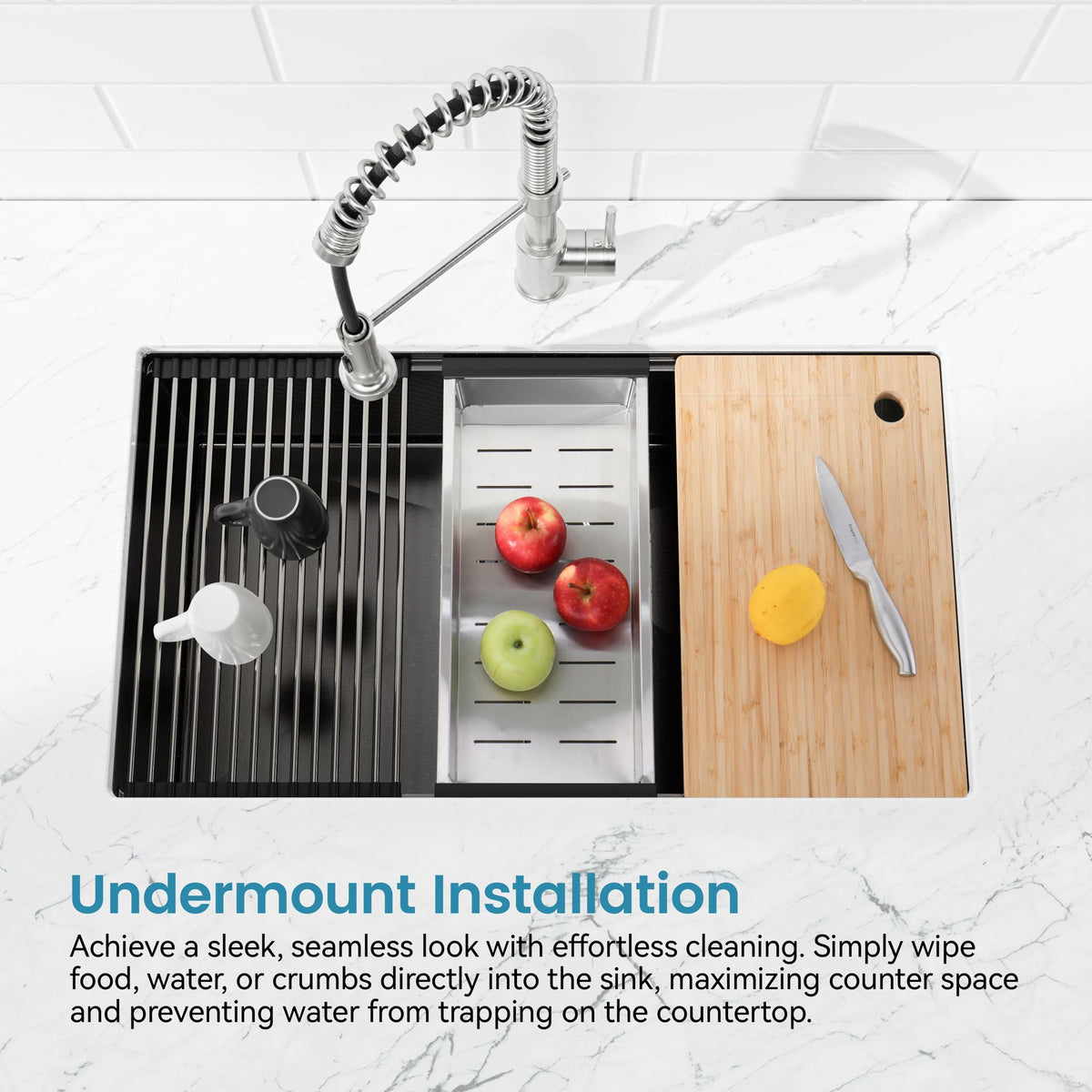 Black Undermount Sink with Integrated Prep Accessories