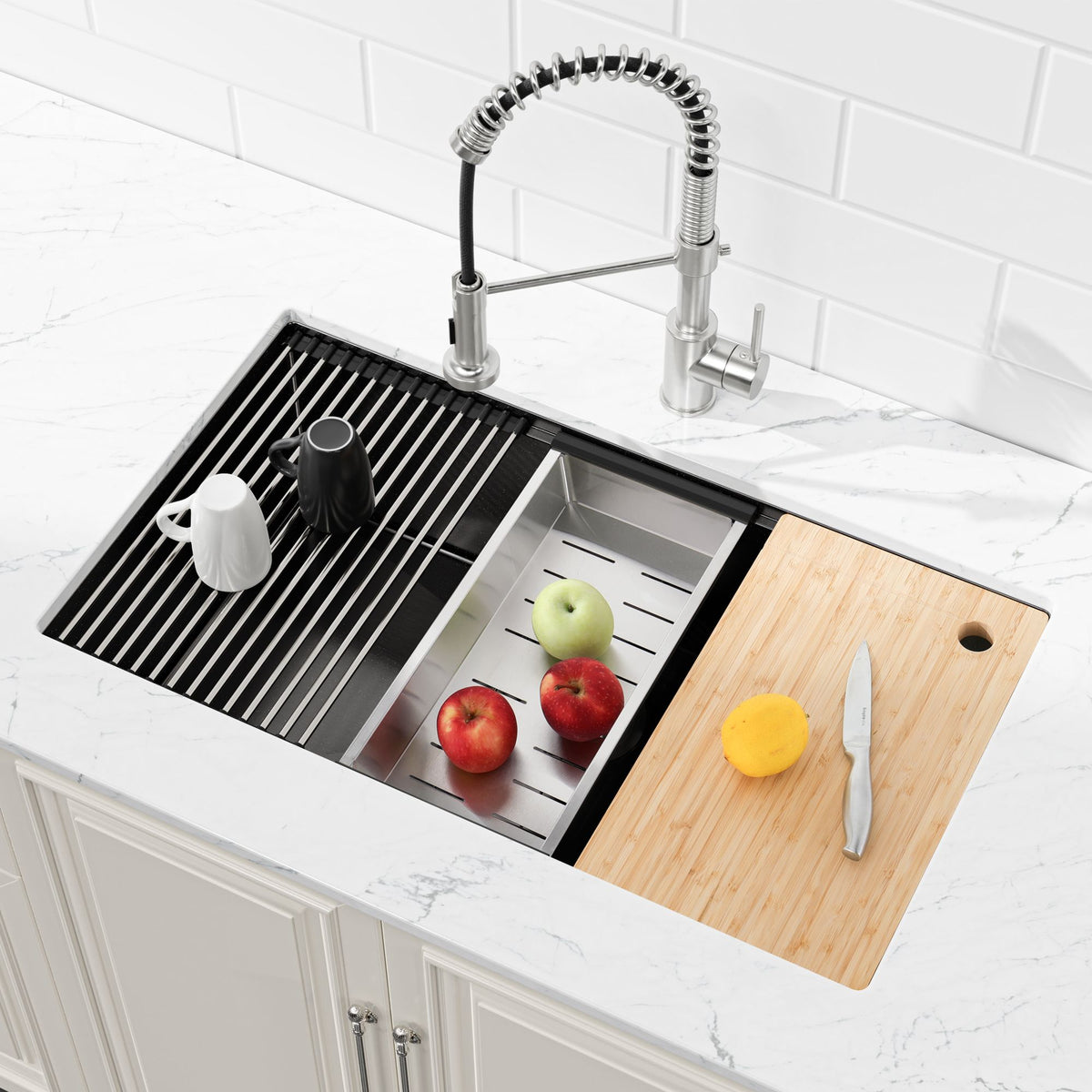 Black Undermount Sink with Integrated Prep Accessories