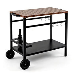 Rolling Grill Prep Table with Storage Cabinet and Tool Hooks