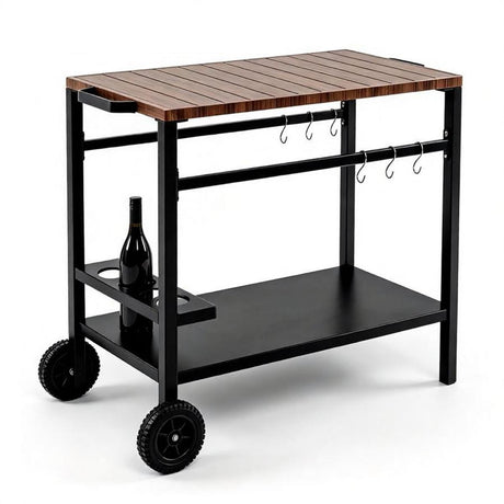 Rolling Grill Prep Table with Storage Cabinet and Tool Hooks