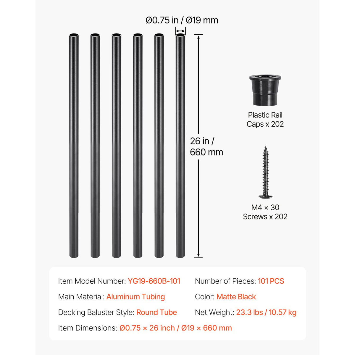 Matte Black Round Stair Baluster Set with Caps and Screws