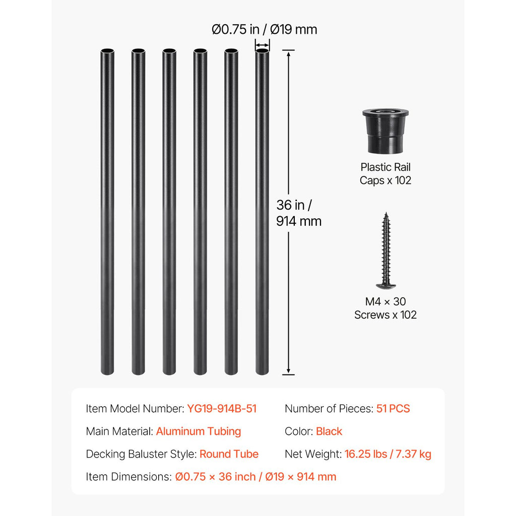 Black Round Stair and Deck Railing Balusters
