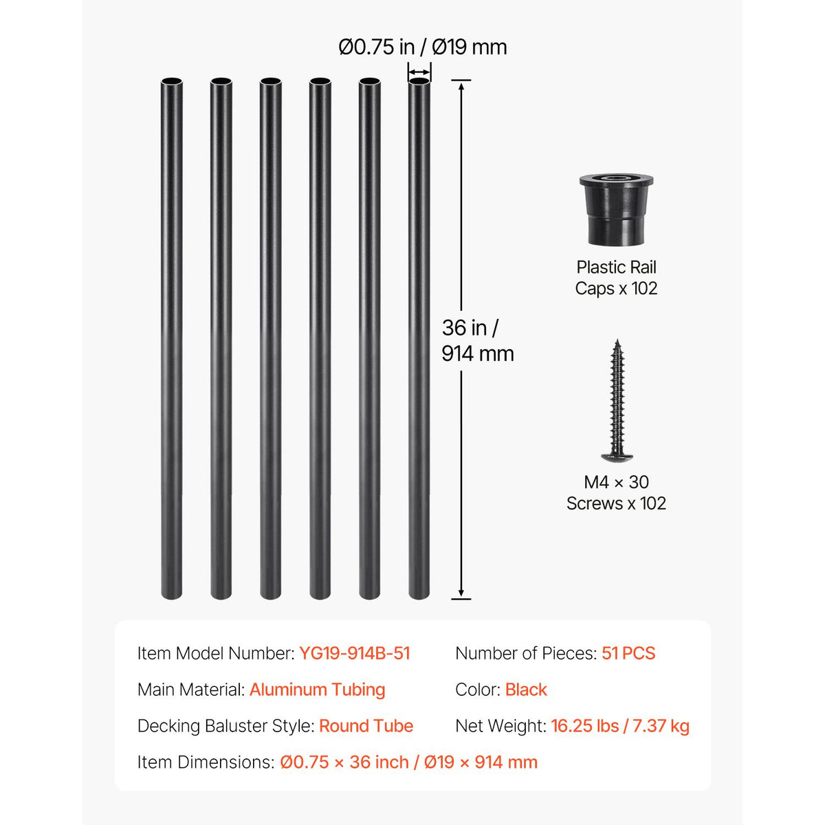 Black Round Stair and Deck Railing Balusters