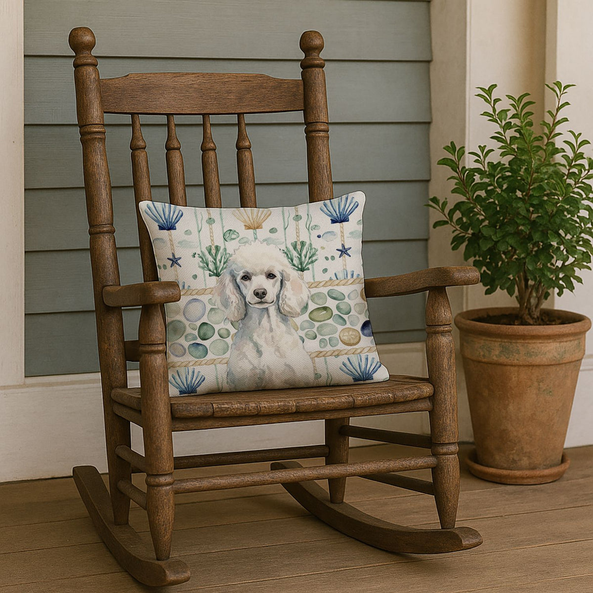 Standard White Poodle Coastal Sea Glass Pillow