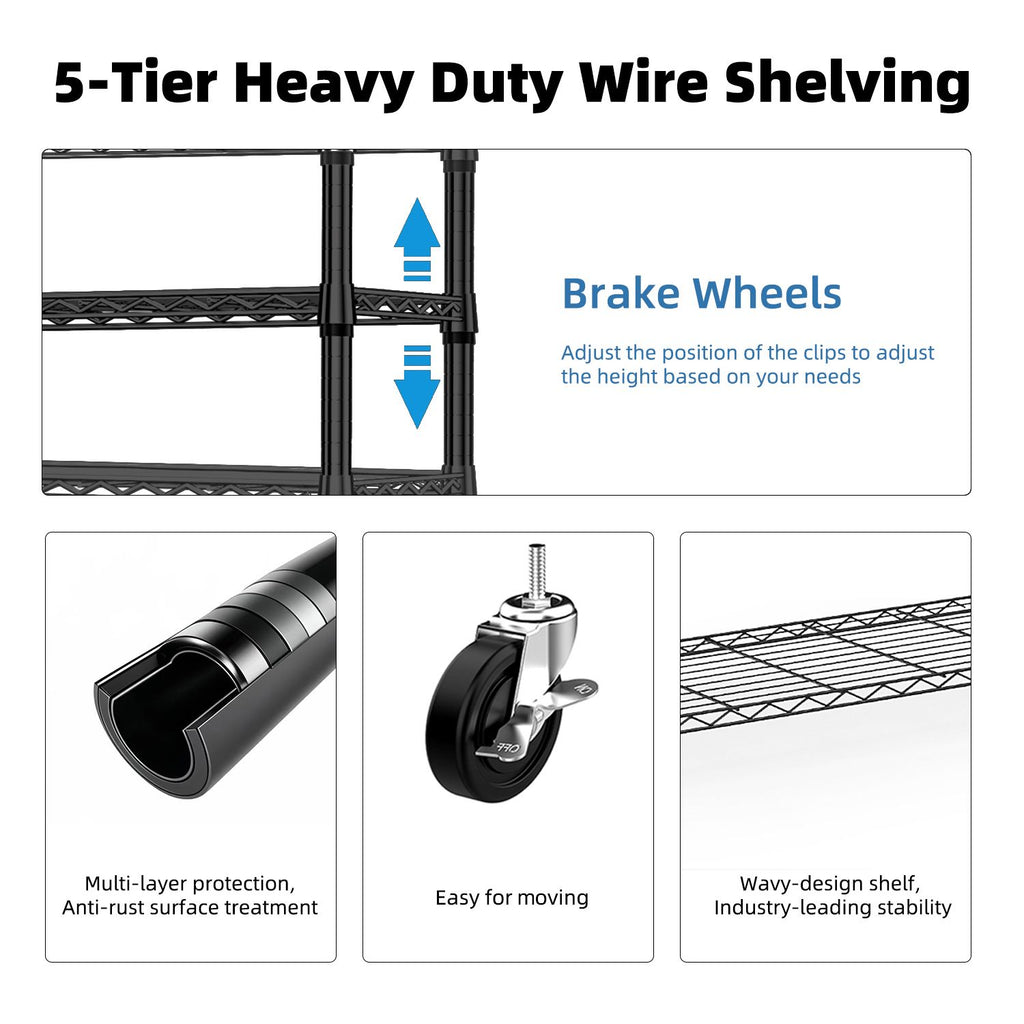5-Tier Adjustable Utility Shelving Unit for Garage, Kitchen, and Office