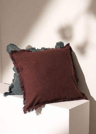 Stonewashed Linen Throw Pillow with Handworked Edges and Fringe