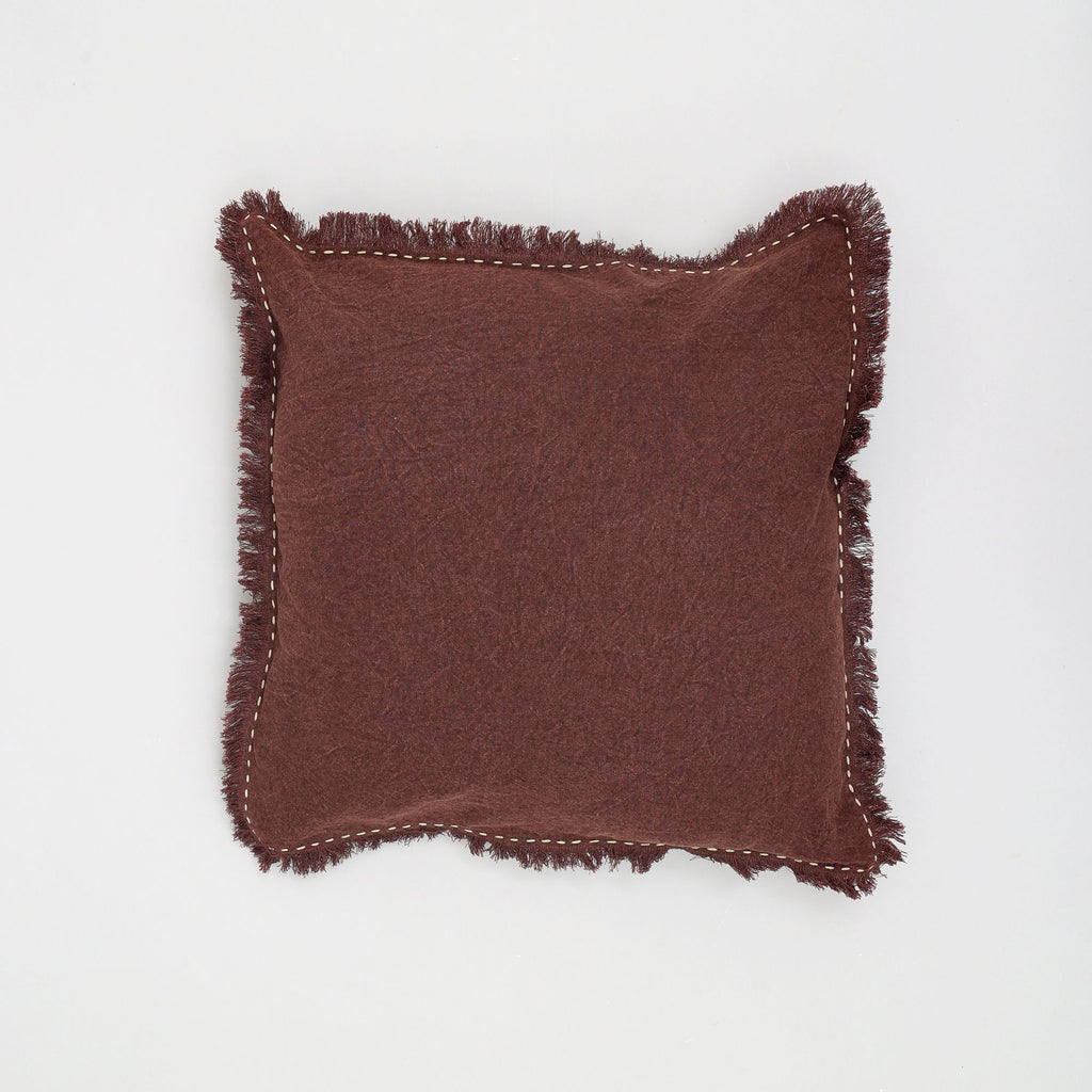 Stonewashed Linen Throw Pillow with Handworked Edges and Fringe