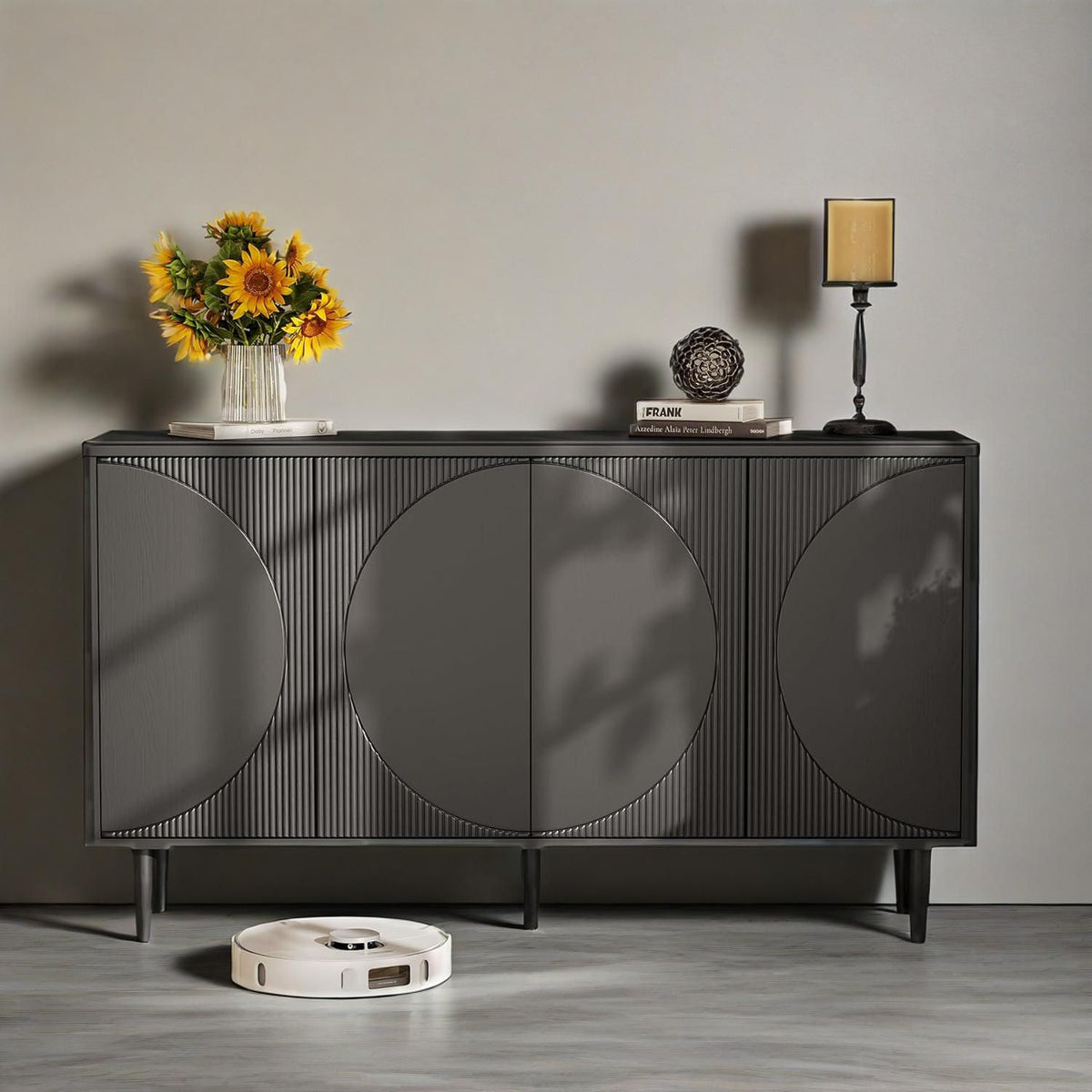 Spacious Walnut Buffet Cabinet with Semicircle Pattern Doors and Ample Storage