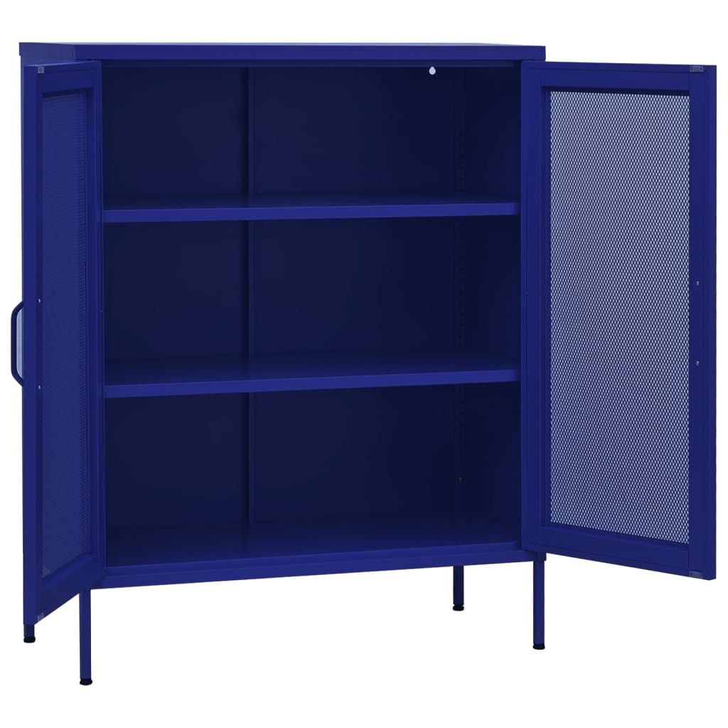 Navy Blue Storage Cabinet with Mesh Doors and Adjustable Shelves