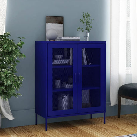 Navy Blue Storage Cabinet with Mesh Doors and Adjustable Shelves