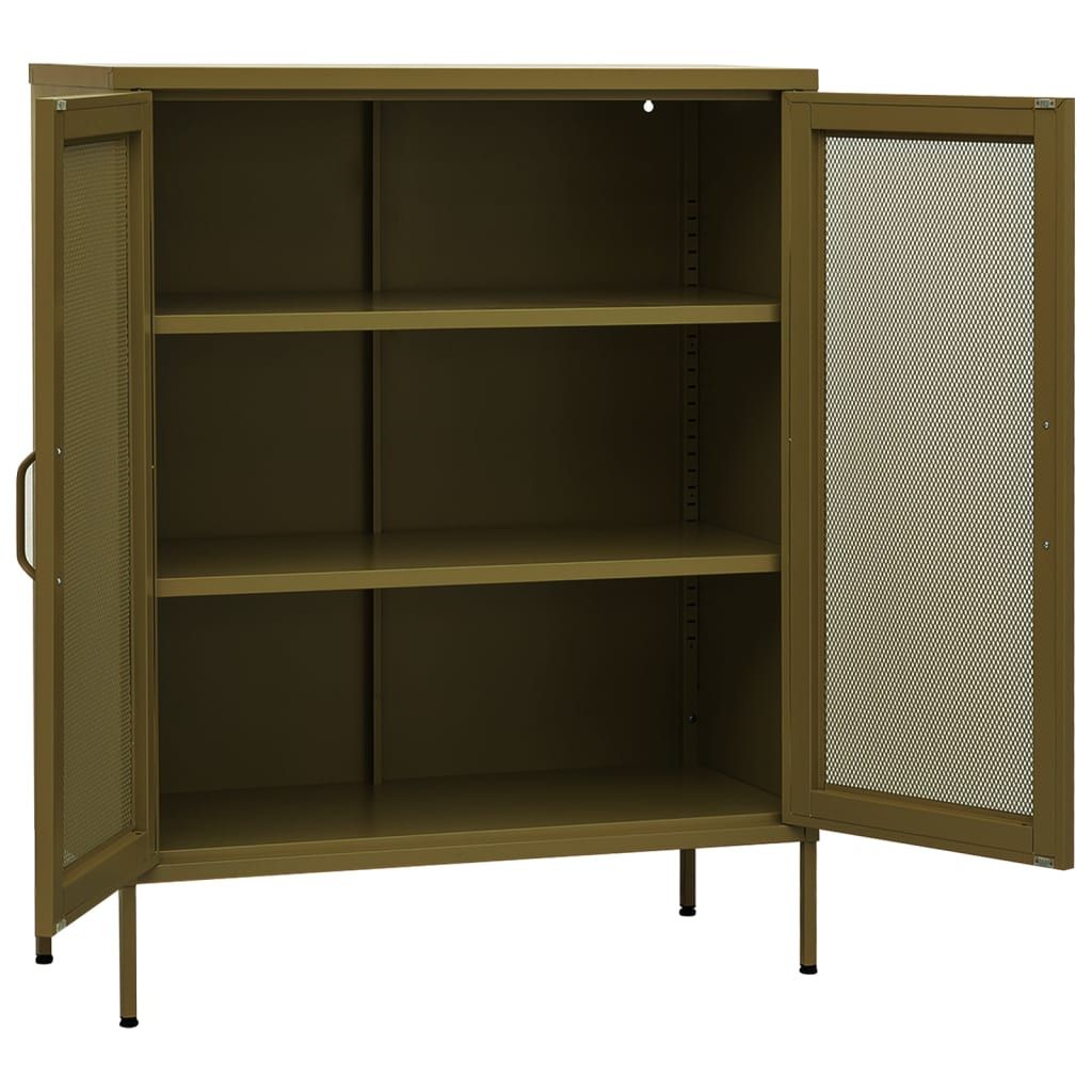 Olive Green Storage Cabinet with Adjustable Shelves and Mesh Doors