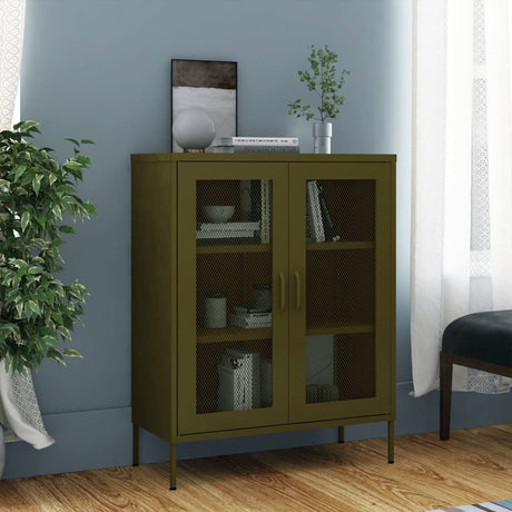 Olive Green Storage Cabinet with Adjustable Shelves and Mesh Doors