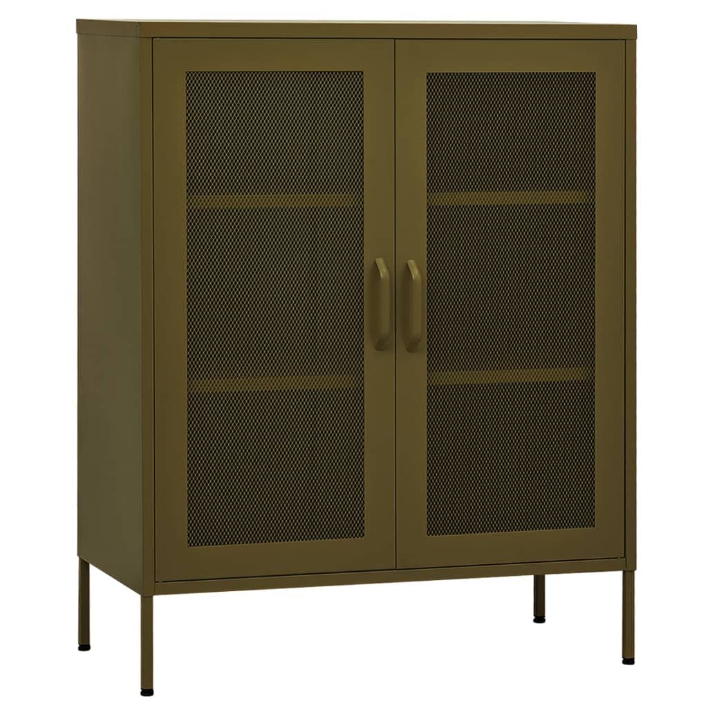 Olive Green Storage Cabinet with Adjustable Shelves and Mesh Doors
