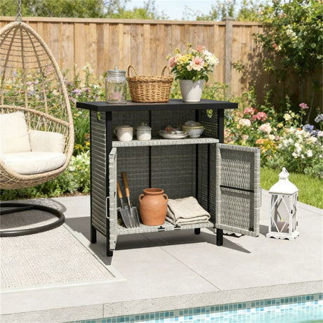 TidyCabinet Premium Towel Storage Cabinet – Gray PE Rattan for Poolside