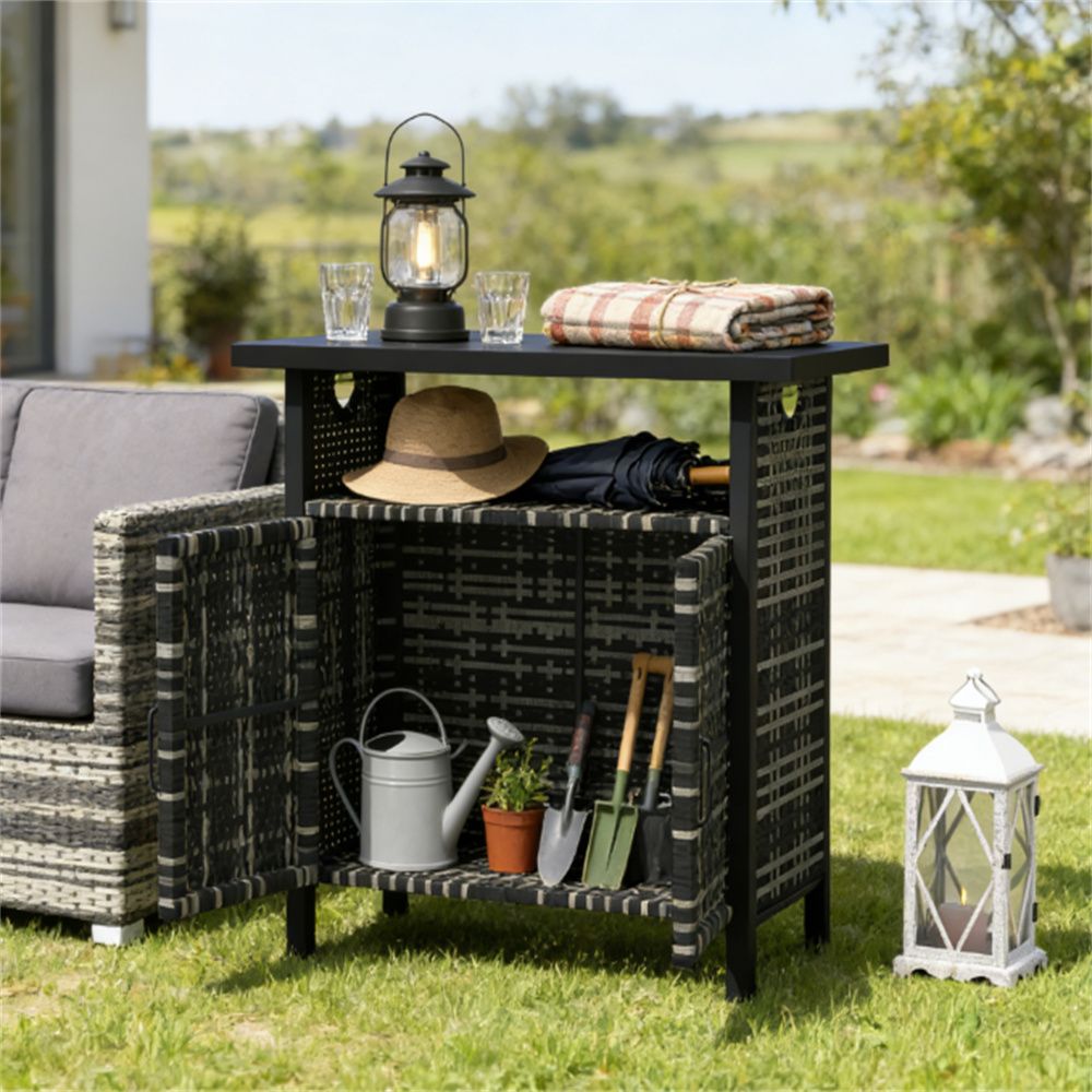 Mixed-Gray Outdoor Towel Storage Cabinet with Rattan Finish