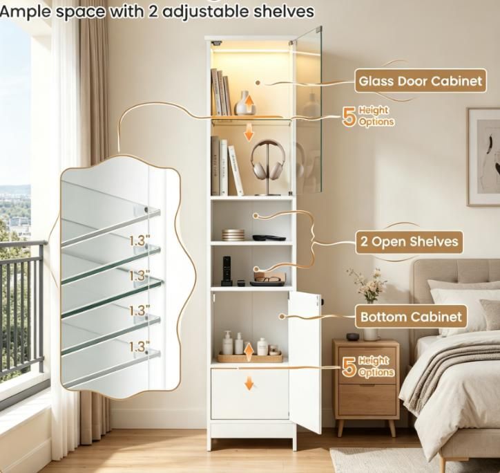 Storage cabinet with LED lights and adjustable shelves, white bathroom storage cabinet