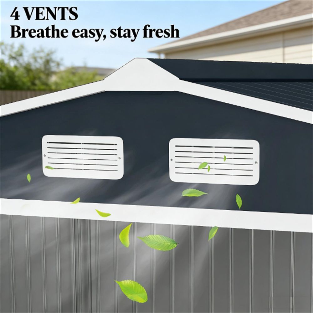 Dark Gray Galvanized Steel Storage Shed with Sloped Roof and Double Sliding Doors