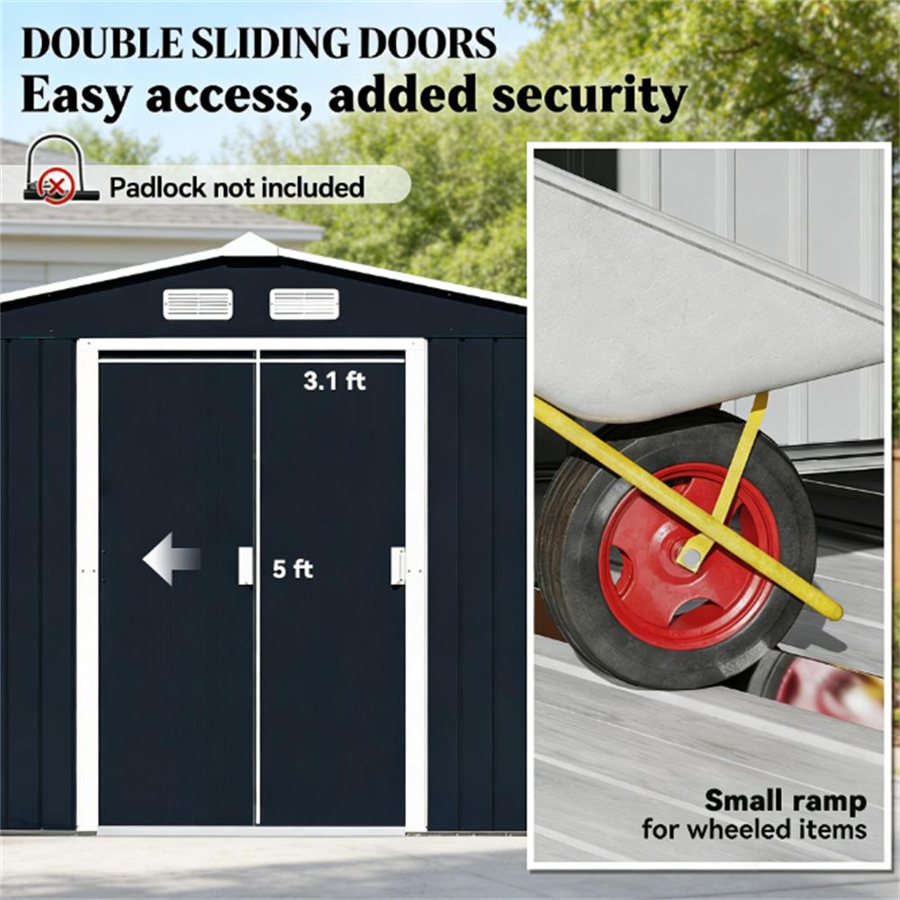 Dark Gray Galvanized Steel Storage Shed with Sloped Roof and Double Sliding Doors