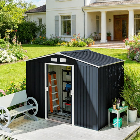 Dark Gray Galvanized Steel Storage Shed with Sloped Roof and Double Sliding Doors