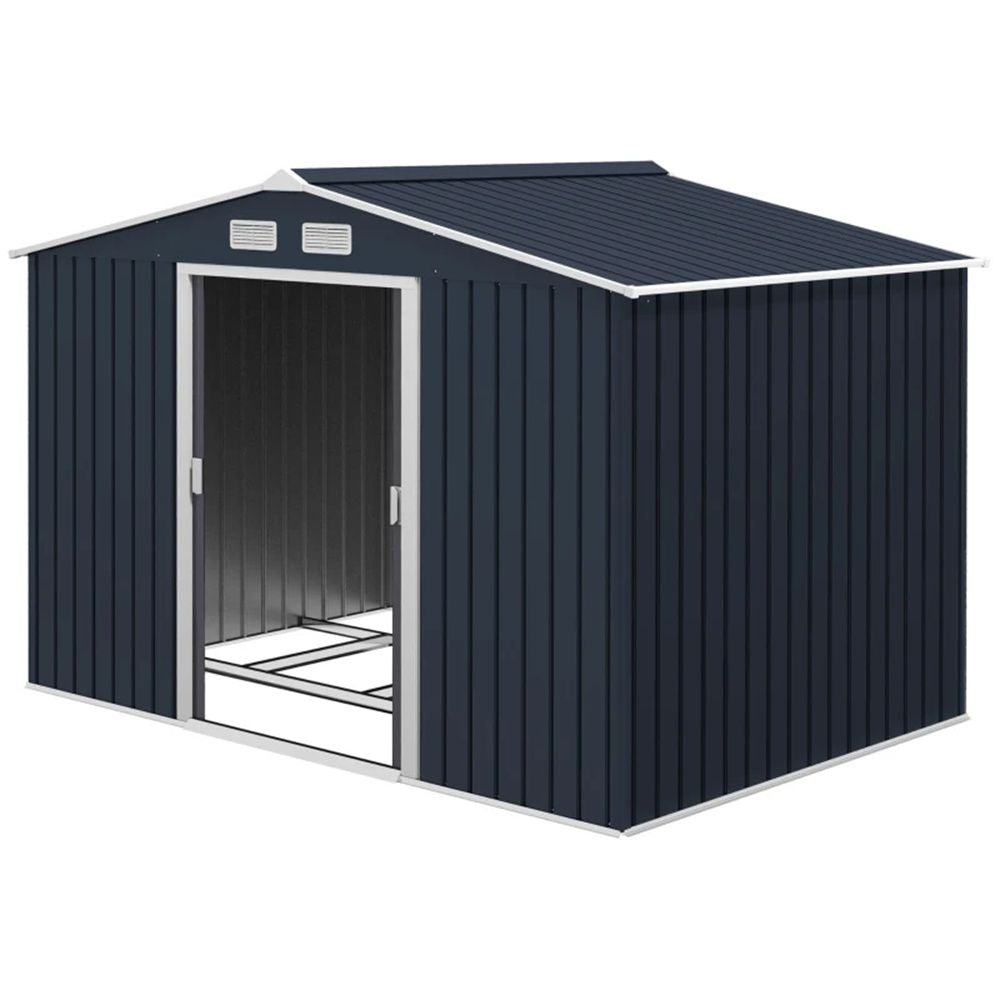 Dark Gray Galvanized Steel Storage Shed with Sloped Roof and Double Sliding Doors