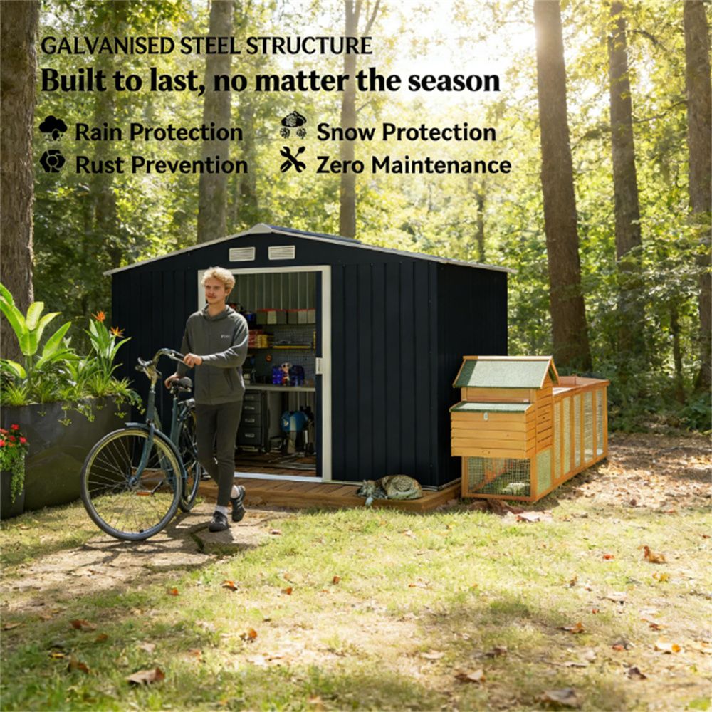 Dark Gray Galvanized Steel Storage Shed with Sloped Roof and Double Sliding Doors