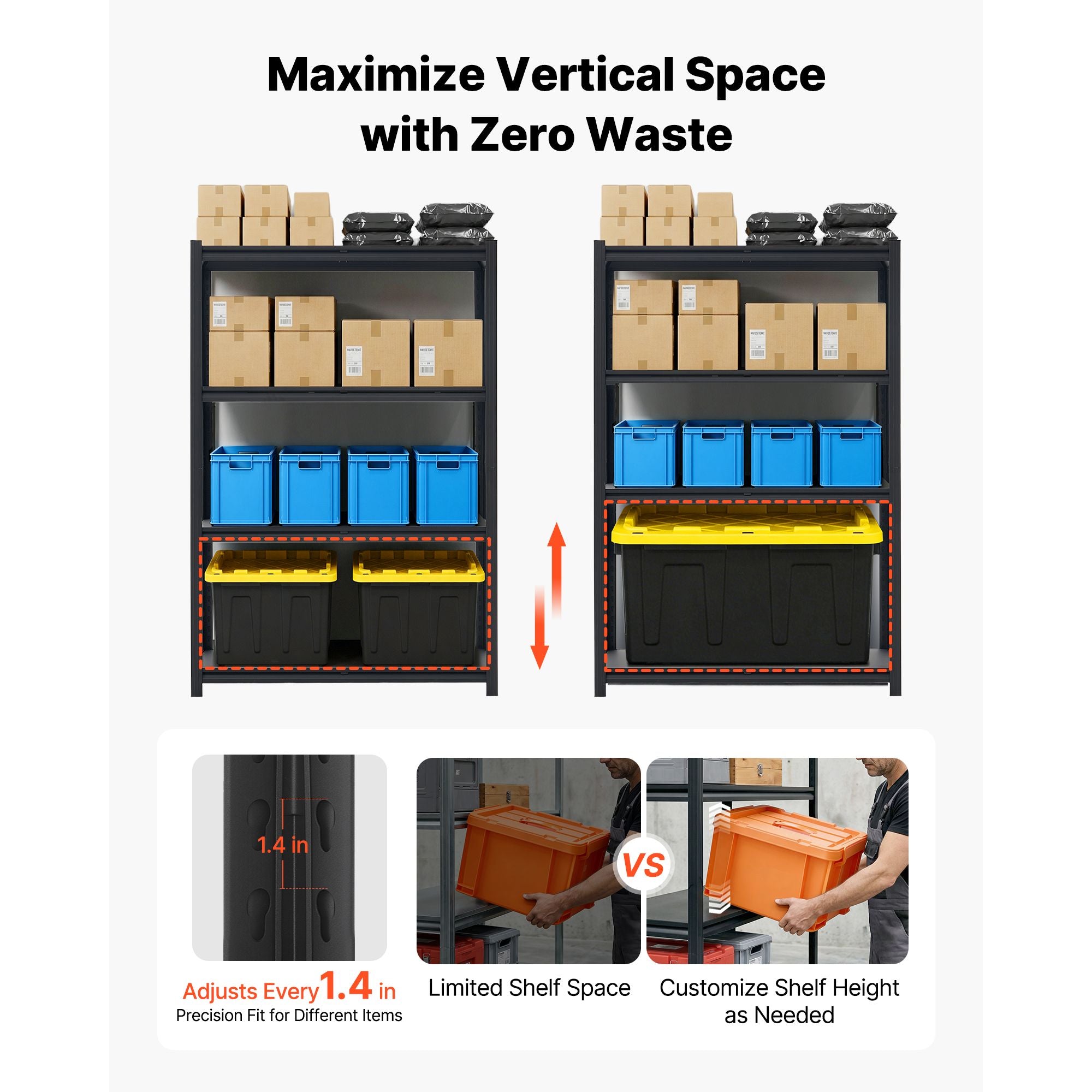 Adjustable 4-Tier Garage Shelving with Split-and-Combine Design