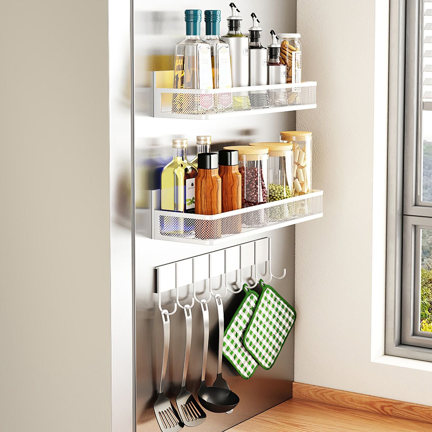 Three-Piece Magnetic Spice Rack with Hook Rail