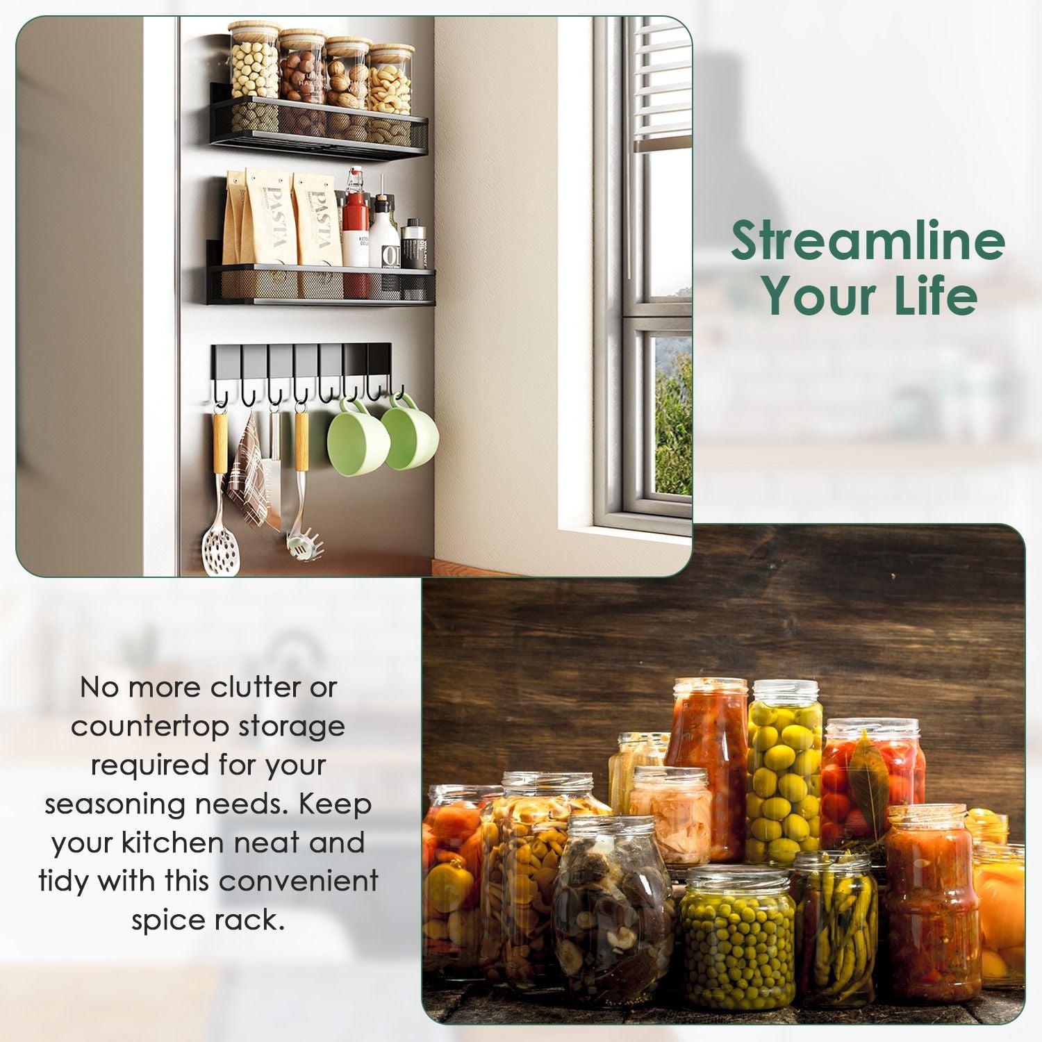 Three-Piece Magnetic Spice Rack with Hook Rail