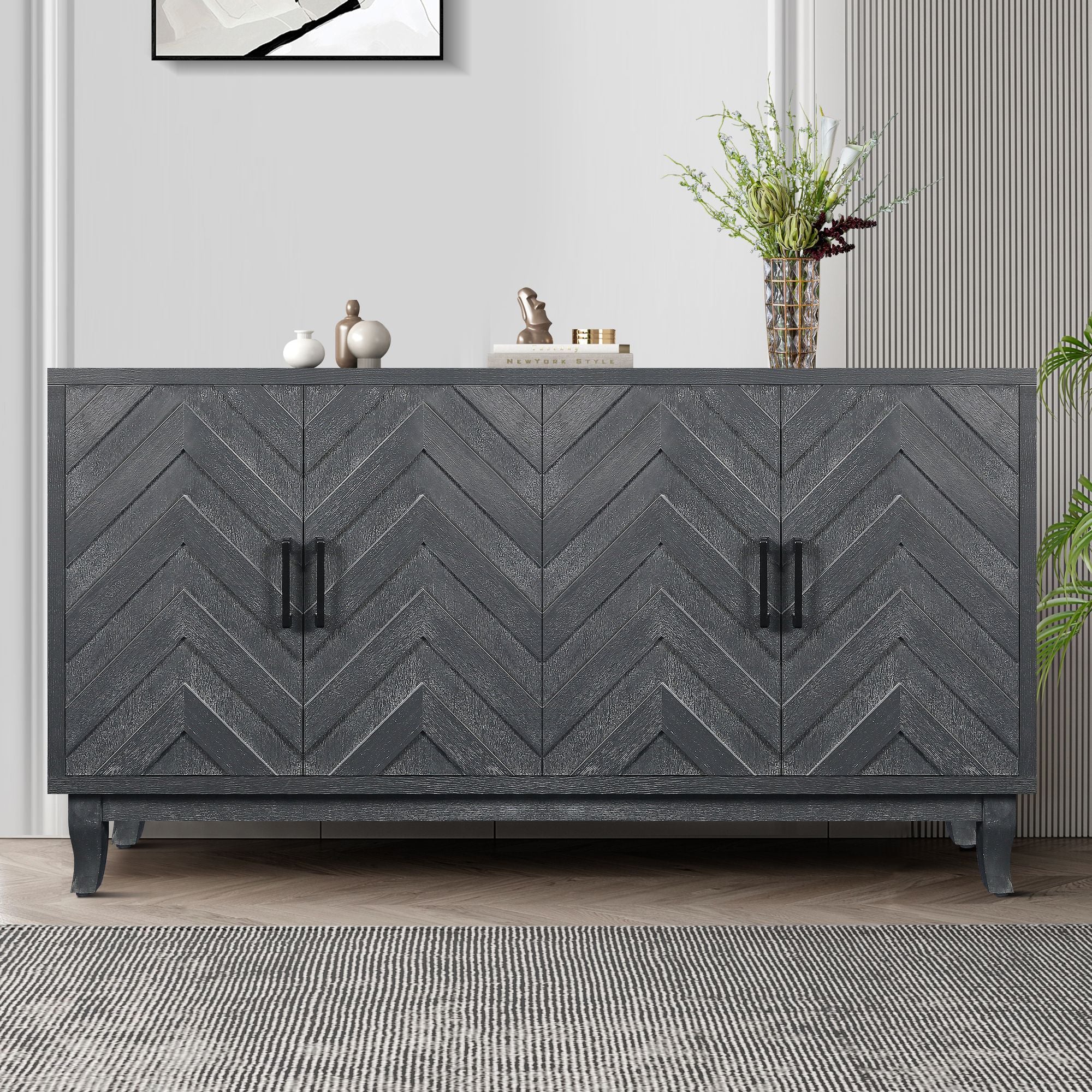 Vintage Style Buffet Cabinet with Striped Door Design