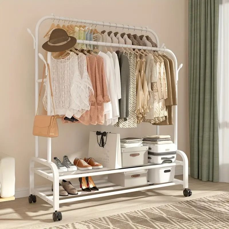 Double Rod Garment Rack with Wheels, Lower Shelf, and Side Hooks