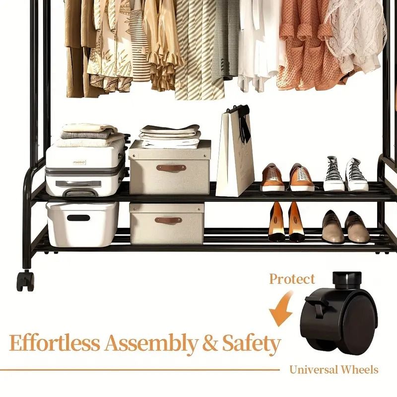 Double Rod Garment Rack with Wheels, Lower Shelf, and Side Hooks
