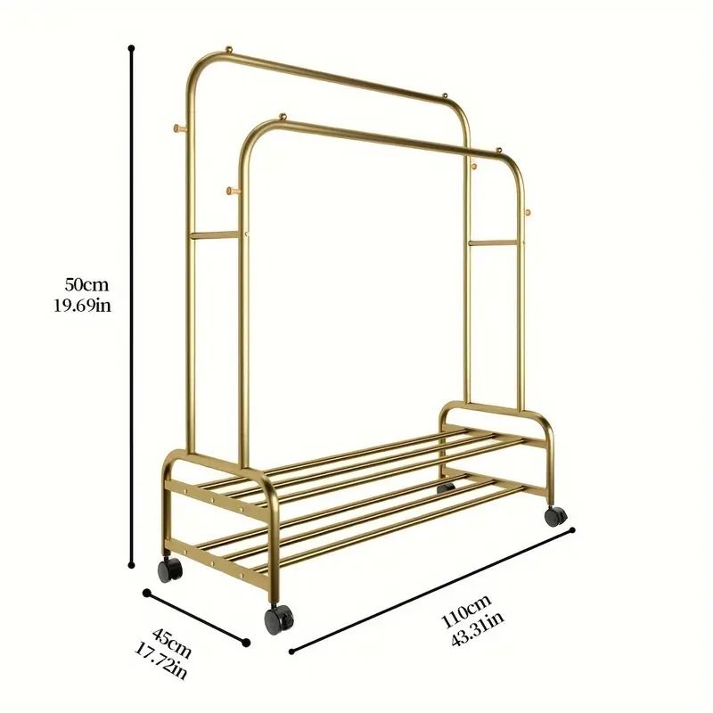 Double Rod Garment Rack with Wheels, Lower Shelf, and Side Hooks