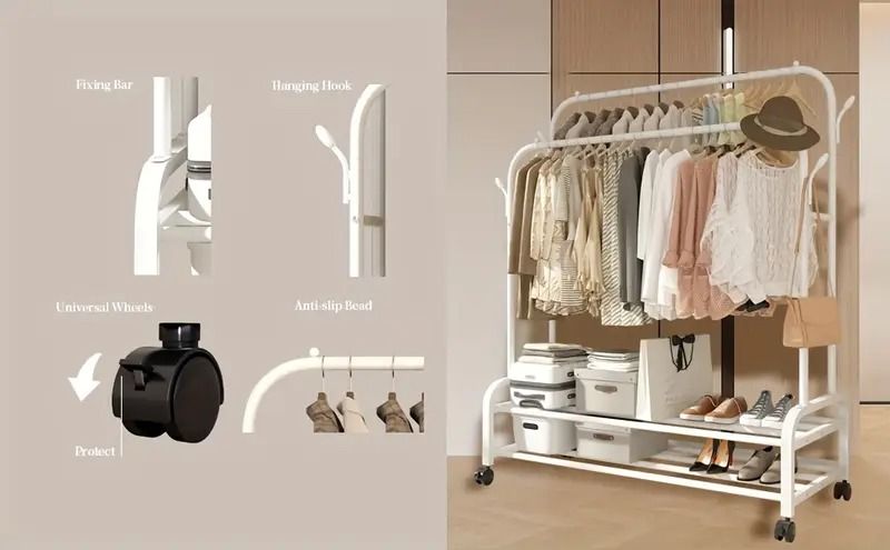 Double Rod Garment Rack with Wheels, Lower Shelf, and Side Hooks