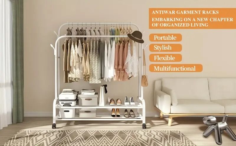 Double Rod Garment Rack with Wheels, Lower Shelf, and Side Hooks