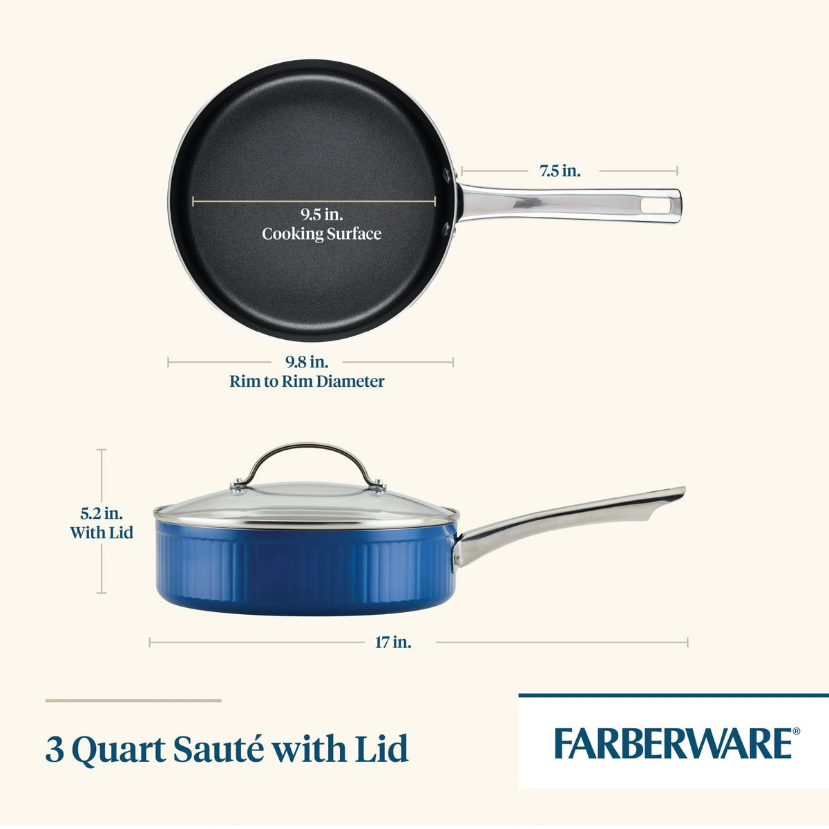 3 Quart Nonstick Saute Pan with Tempered Glass Lid, Blue