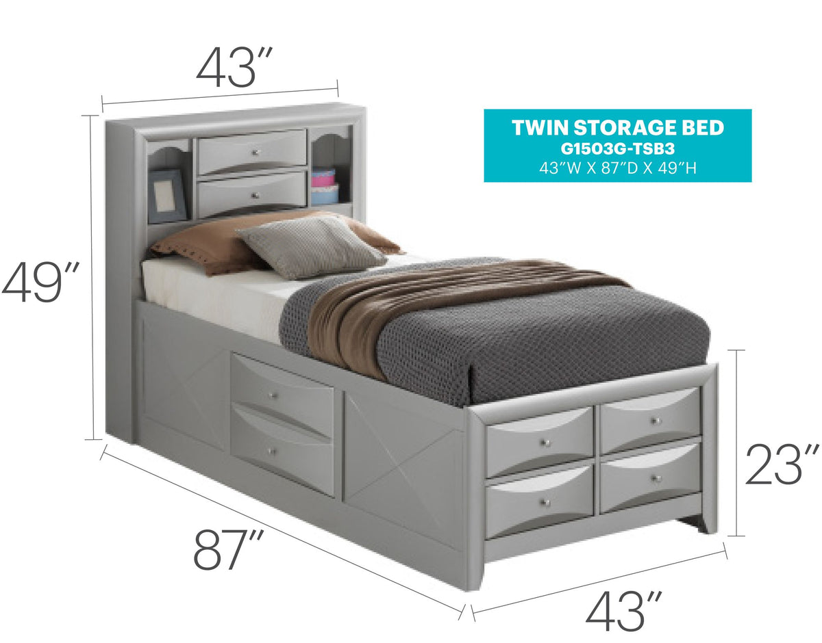 Stylish Twin Storage Bed with Built-in Silver Champagne Finish