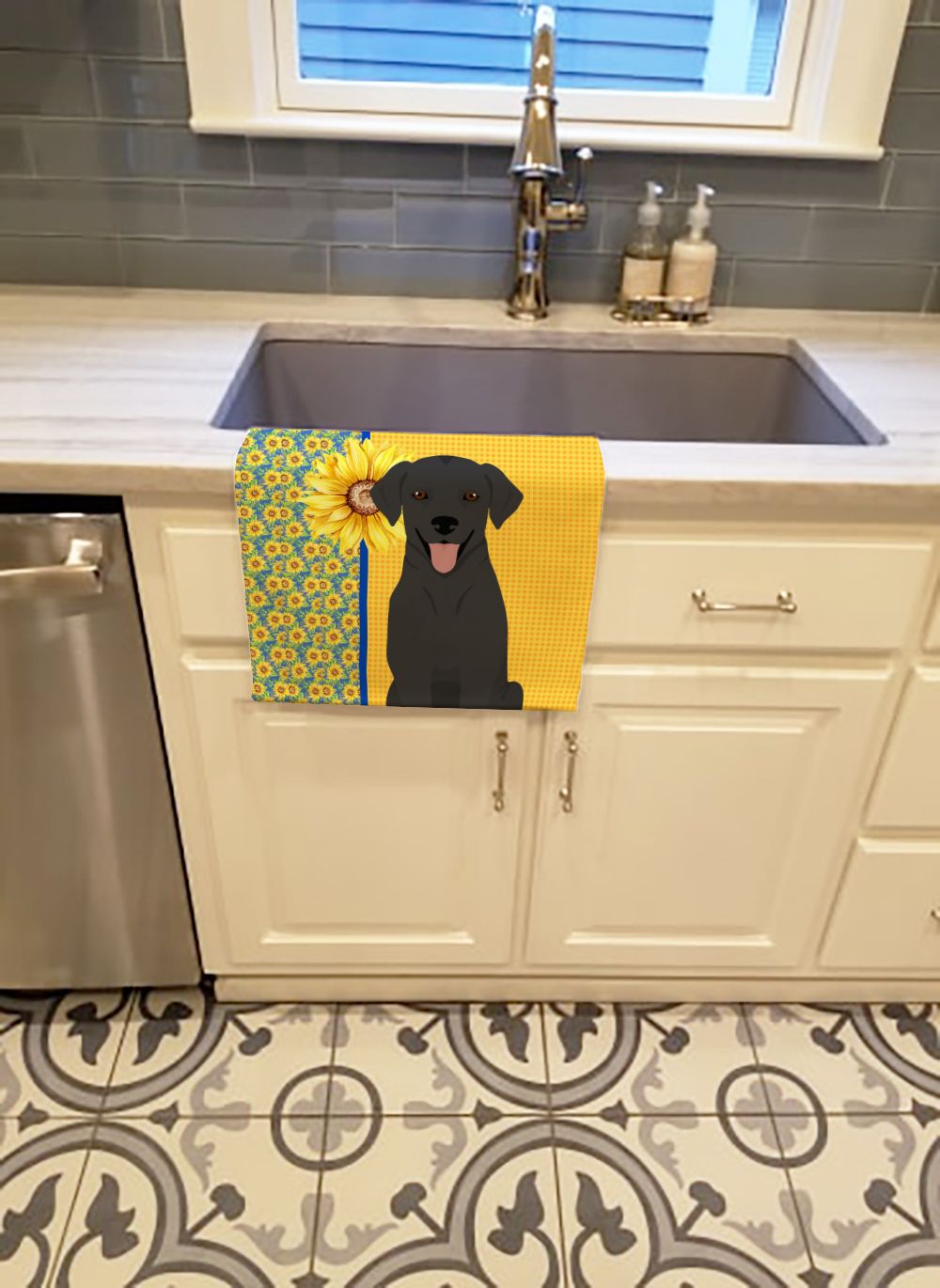 Summer Sunflowers Black Labrador Kitchen Towel