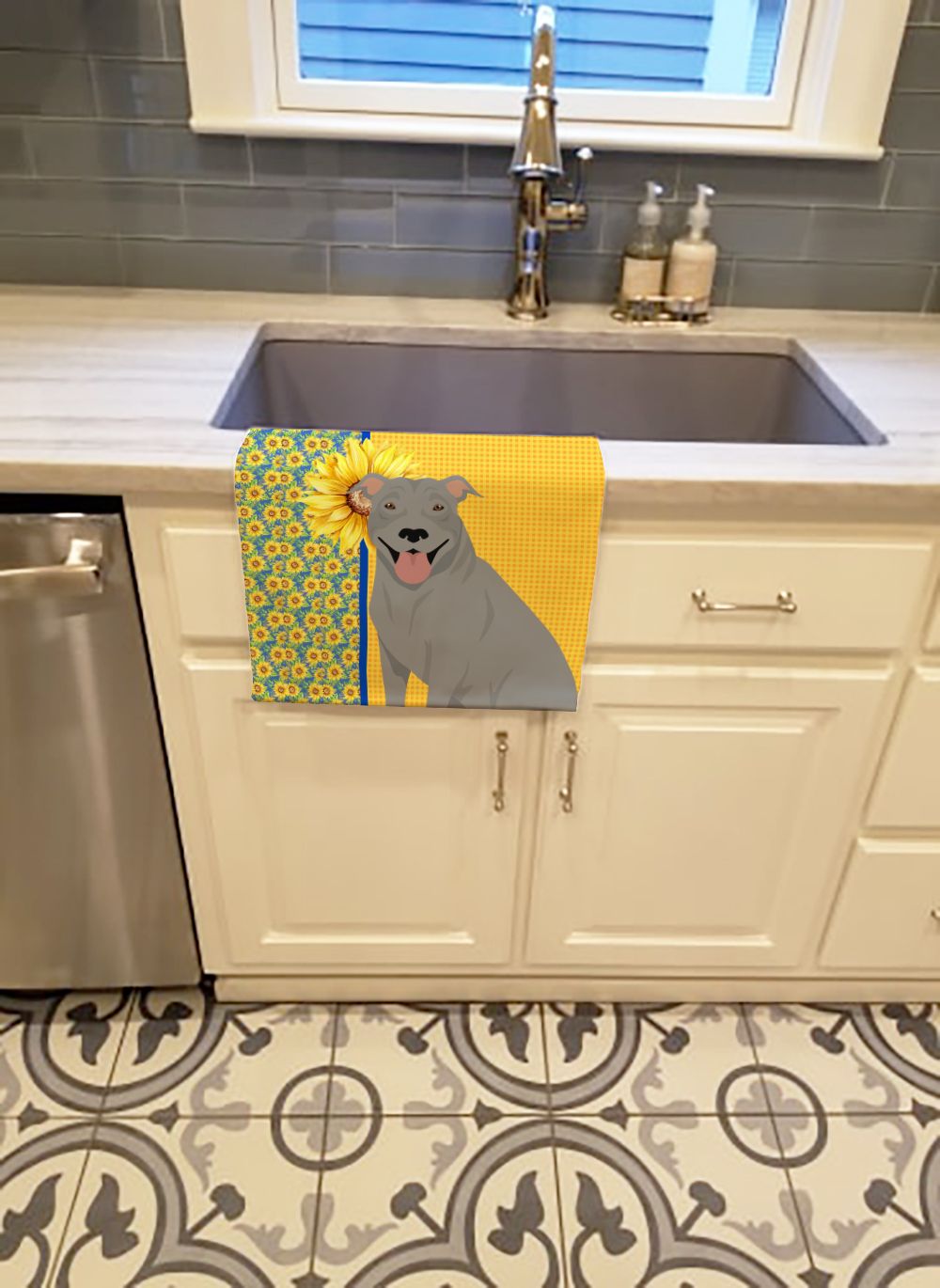 Summer Sunflowers Blue Pit Bull Terrier Kitchen Towel