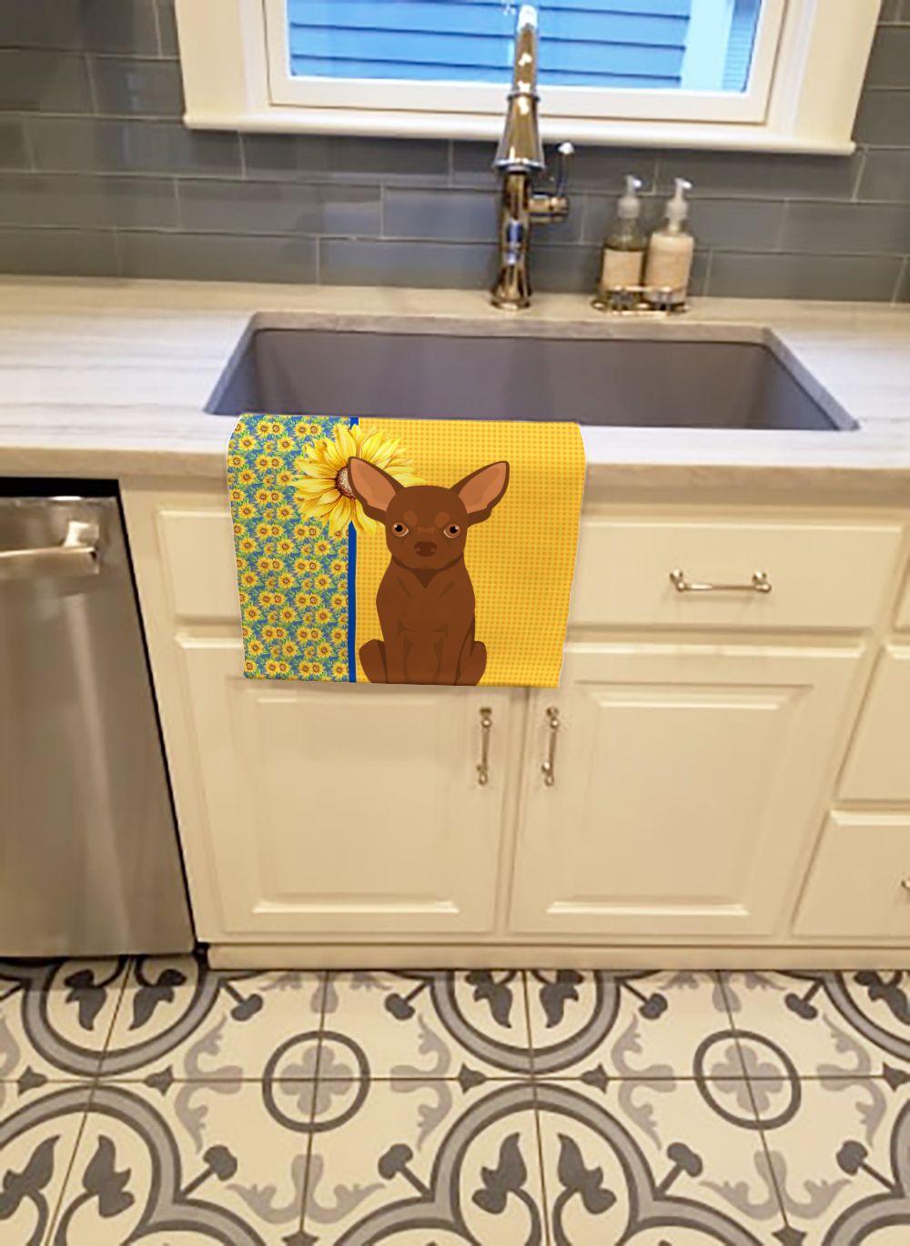 Summer Sunflowers Chocolate Chihuahua Kitchen Towel