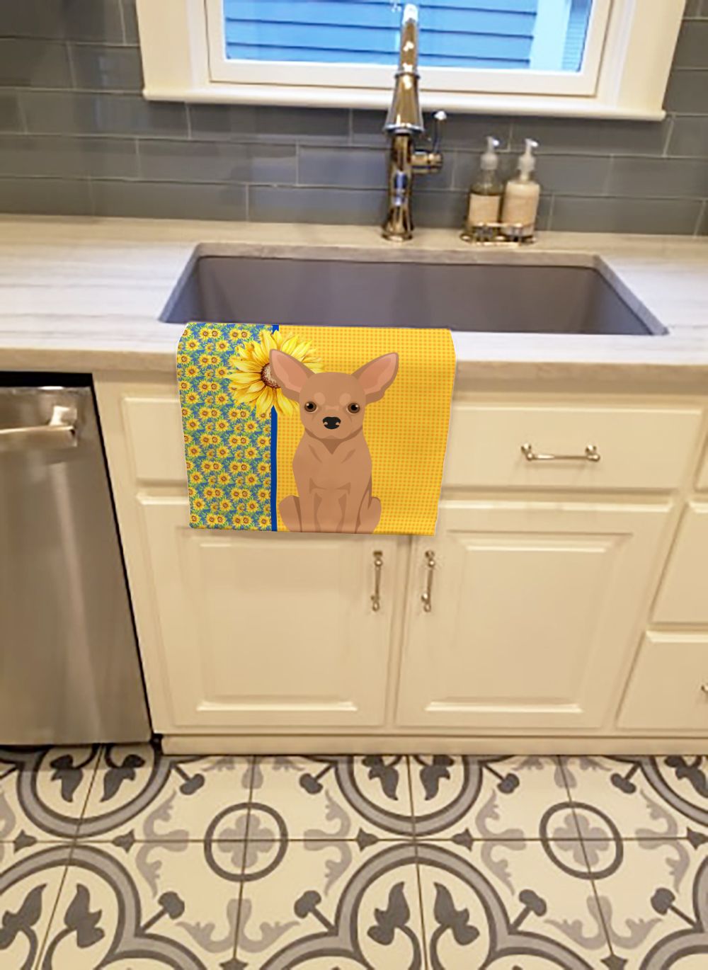 Summer Sunflowers Cream Chihuahua Kitchen Towel