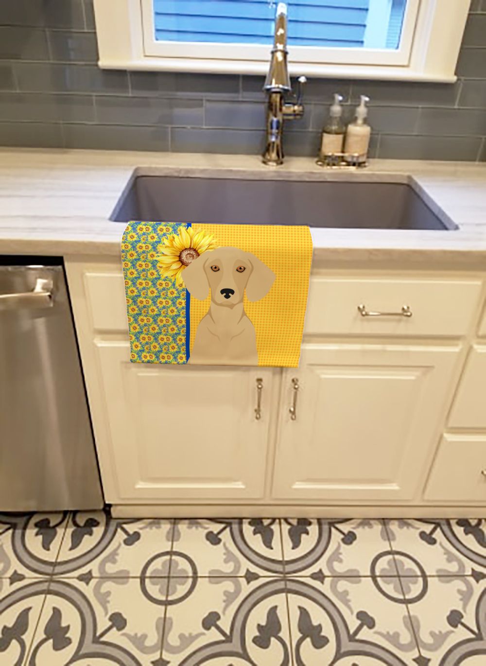 Summer Sunflowers Cream Dachshund Kitchen Towel