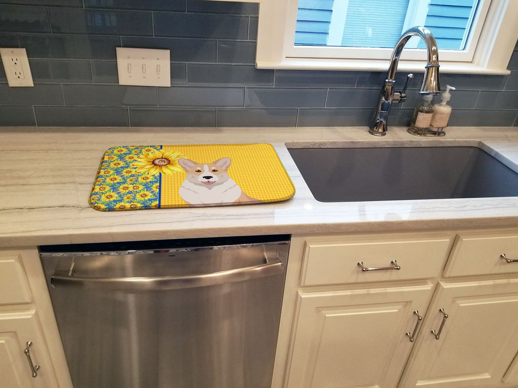 Summer Sunflowers Fawn Cardigan Corgi Dish Mat