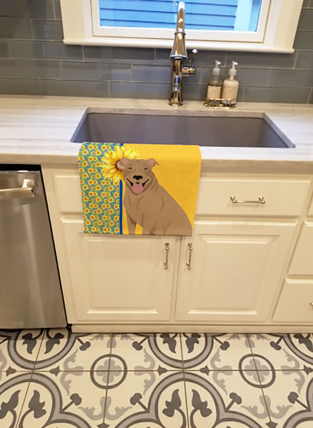Summer Sunflowers Fawn Pit Bull Terrier Kitchen Towel