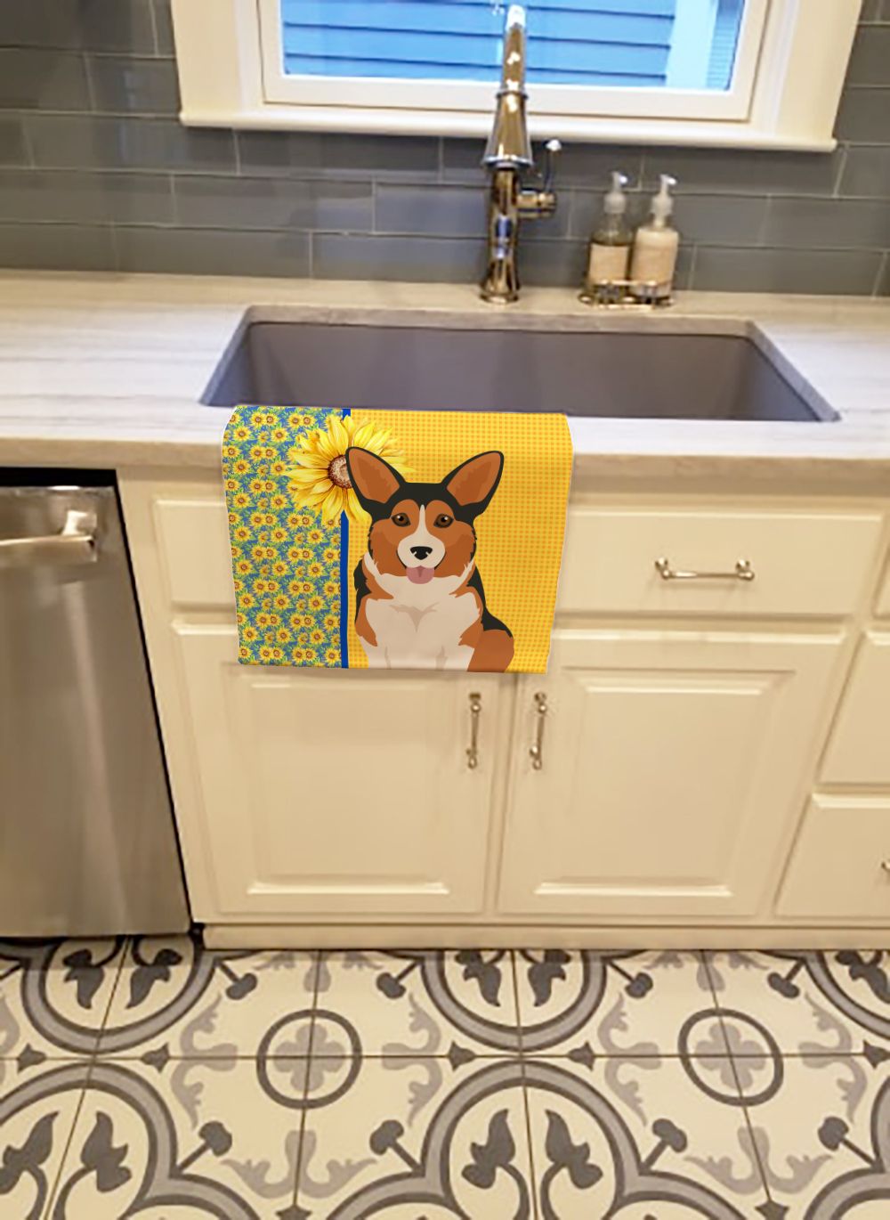 Summer Sunflowers Sable Pembroke Corgi Kitchen Towel