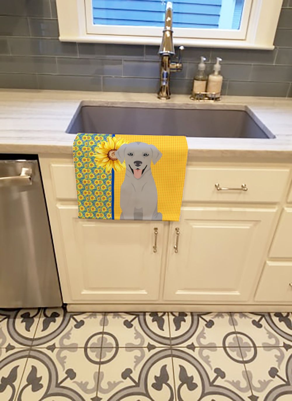 Silver Labrador Summer Sunflowers Kitchen Towel