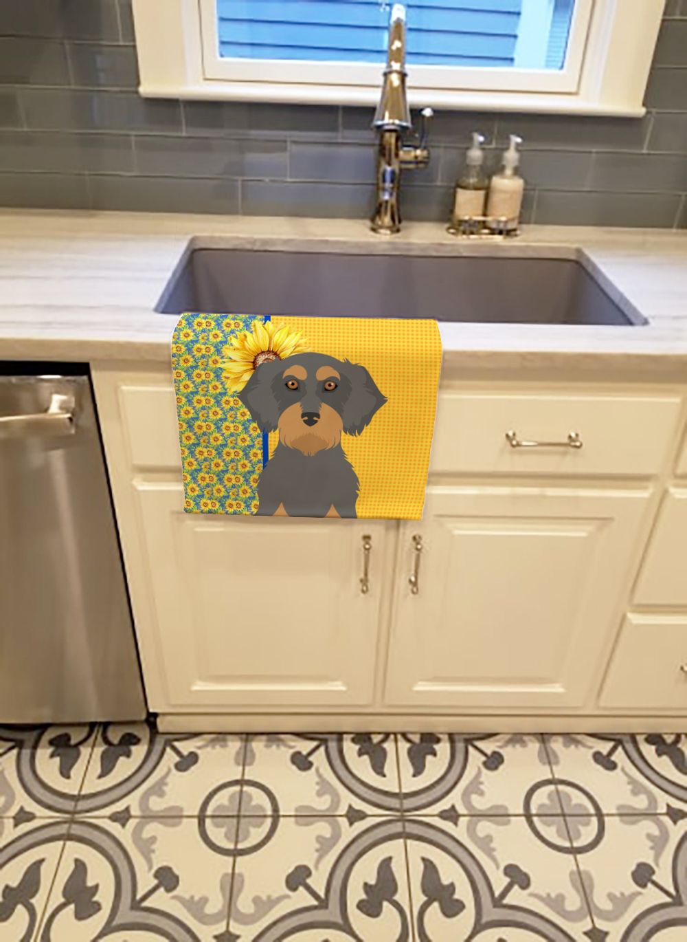Summer Sunflowers Wirehair Dachshund Kitchen Towel