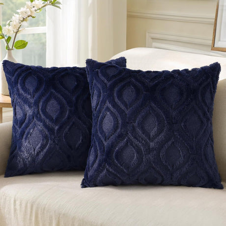 Soft Plush Faux Wool Navy Blue Throw Pillow Covers Set of 2